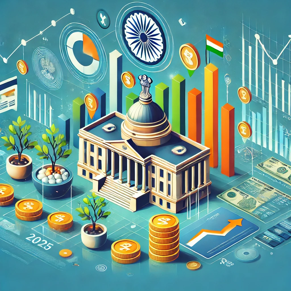 Illustration depicting investment risks and opportunities post Union Budget 2025-26, highlighting taxation, fiscal deficit, inflation, and key investment sectors.